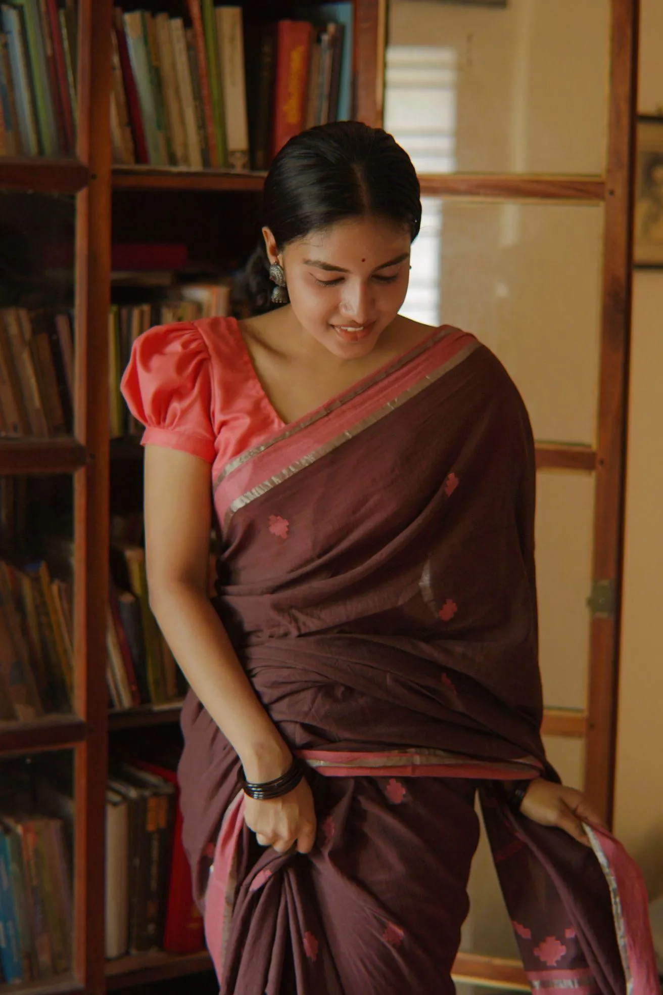 Weaves of Bengal - Sitara - brown handloom cotton saree with zari border