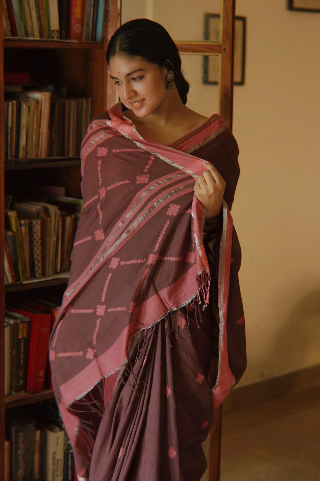 Weaves of Bengal - Sitara - brown handloom cotton saree with zari border