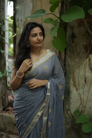 Weaves of Bengal - Sitara - grey handloom cotton saree with zari border