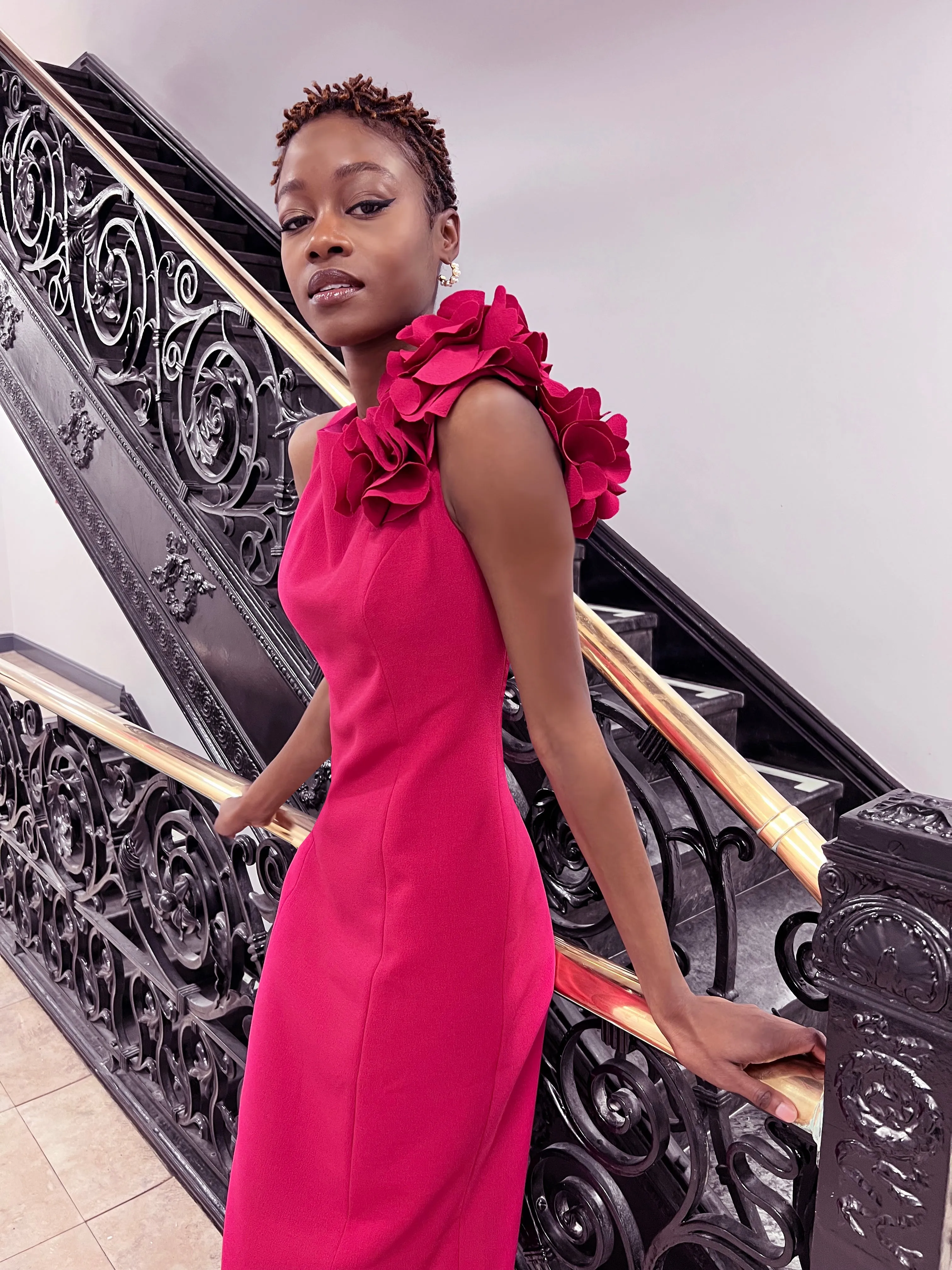 White Aegina Sheath Dress with Flower Detail
