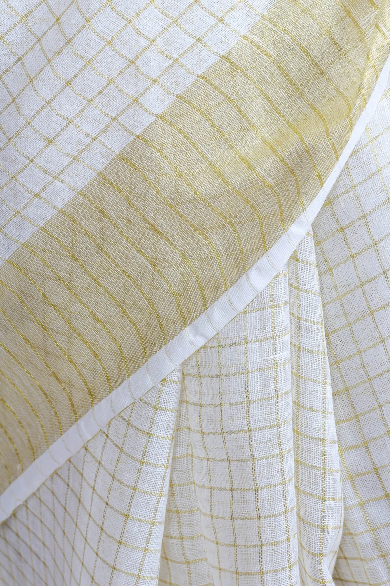 White and Gold Check Linen Saree