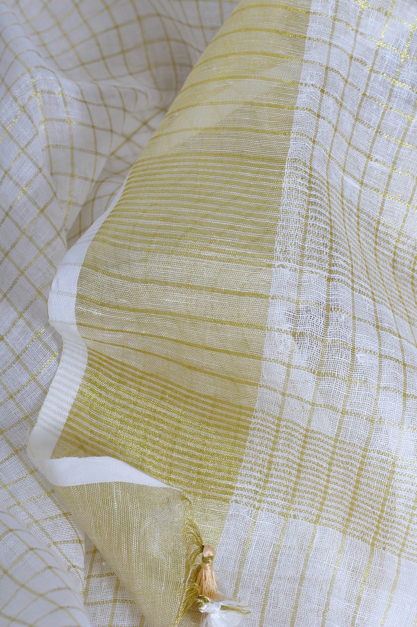 White and Gold Check Linen Saree