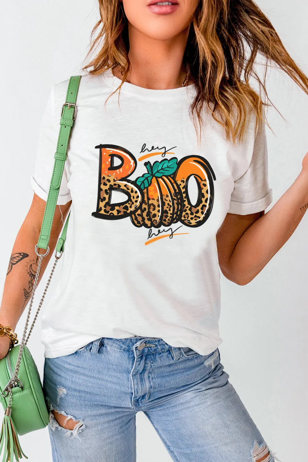 White BOO Pumpkin Leopard Print Crew Neck T Shirt