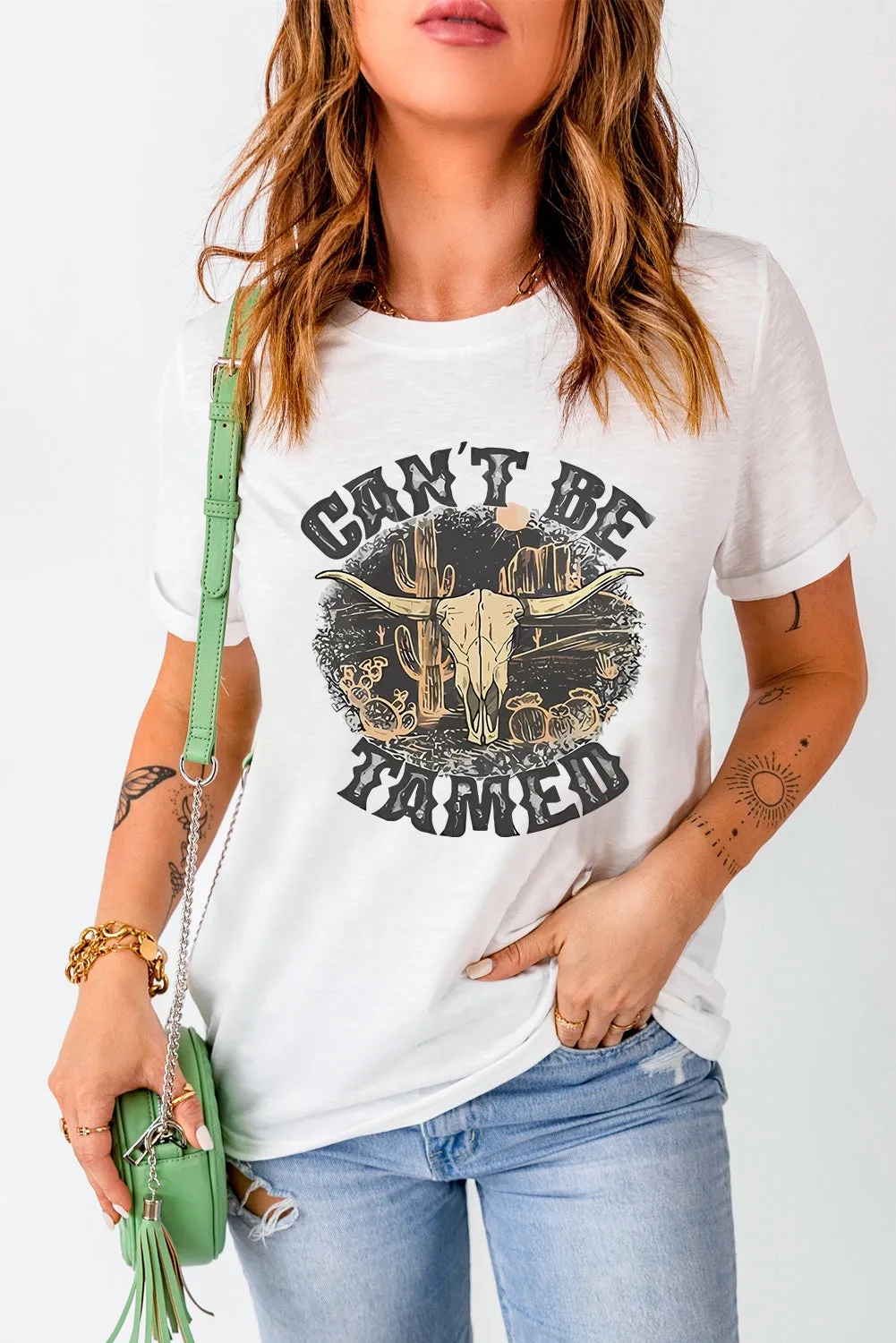 White Cant Be Tamed Western Steer Head Crew Neck T Shirt