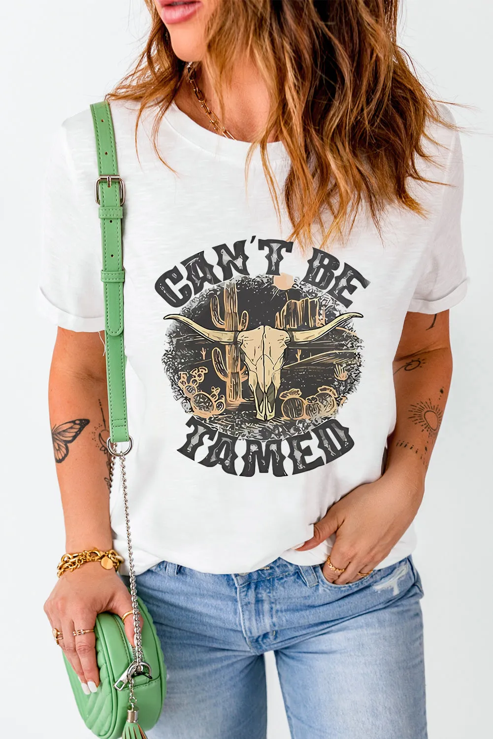 White Cant Be Tamed Western Steer Head Crew Neck T Shirt
