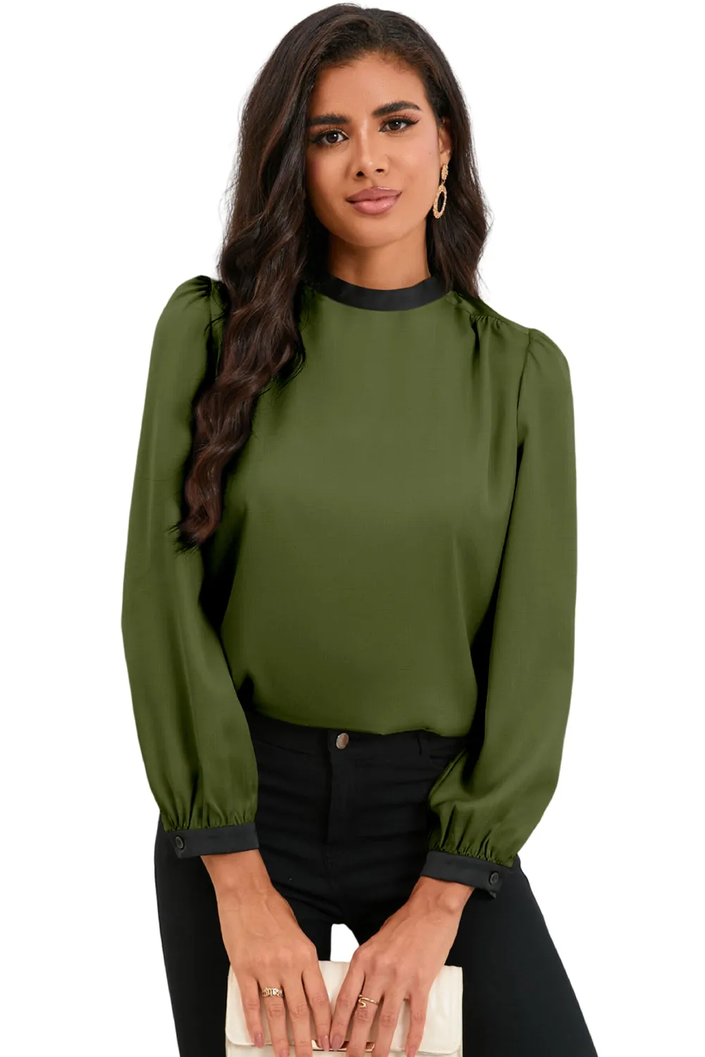 White Color Block Bow Back Mock Neck Blouse