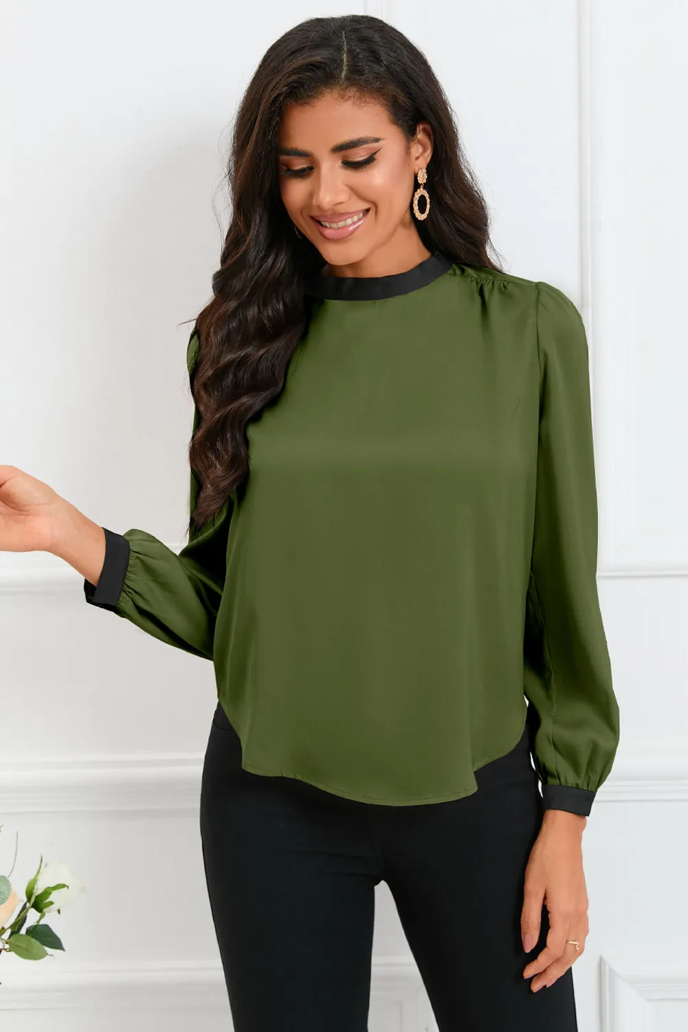 White Color Block Bow Back Mock Neck Blouse