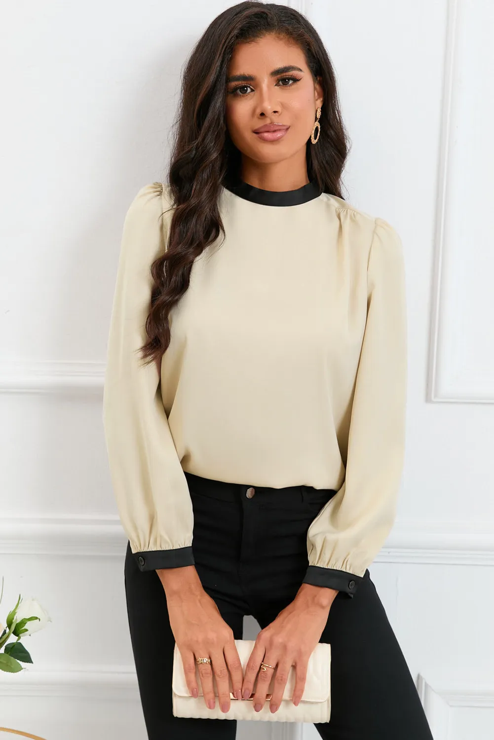 White Color Block Bow Back Mock Neck Blouse