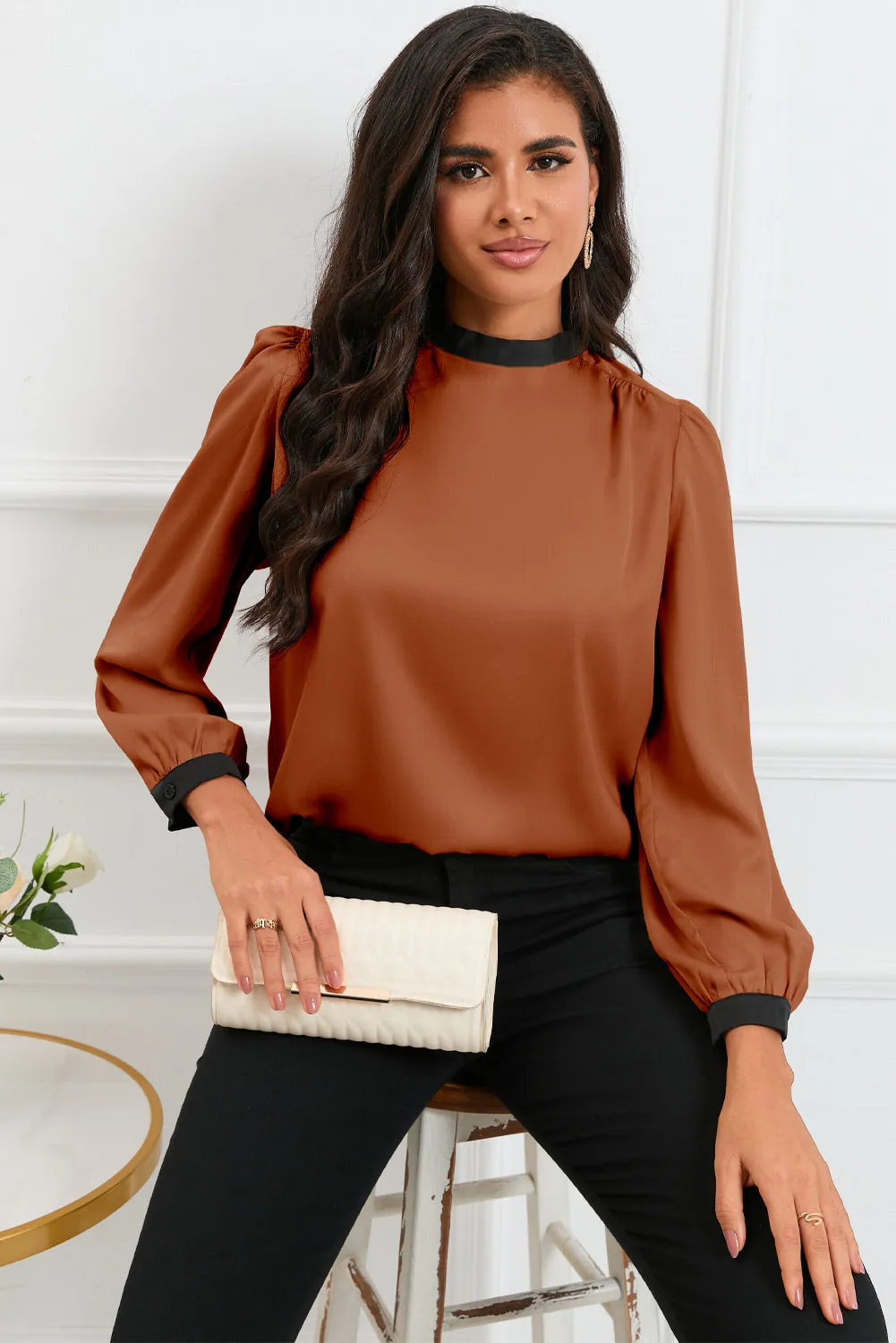 White Color Block Bow Back Mock Neck Blouse