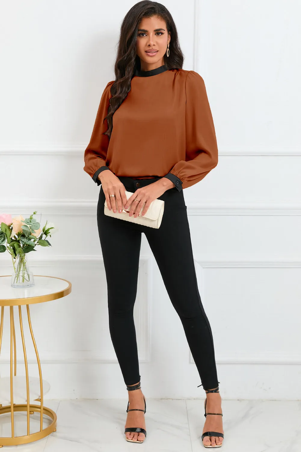 White Color Block Bow Back Mock Neck Blouse