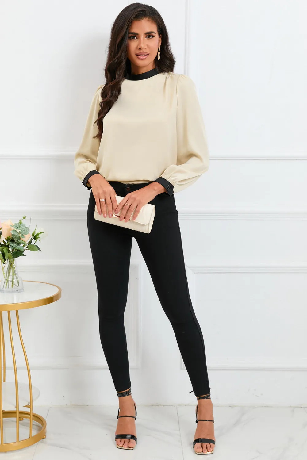 White Color Block Bow Back Mock Neck Blouse