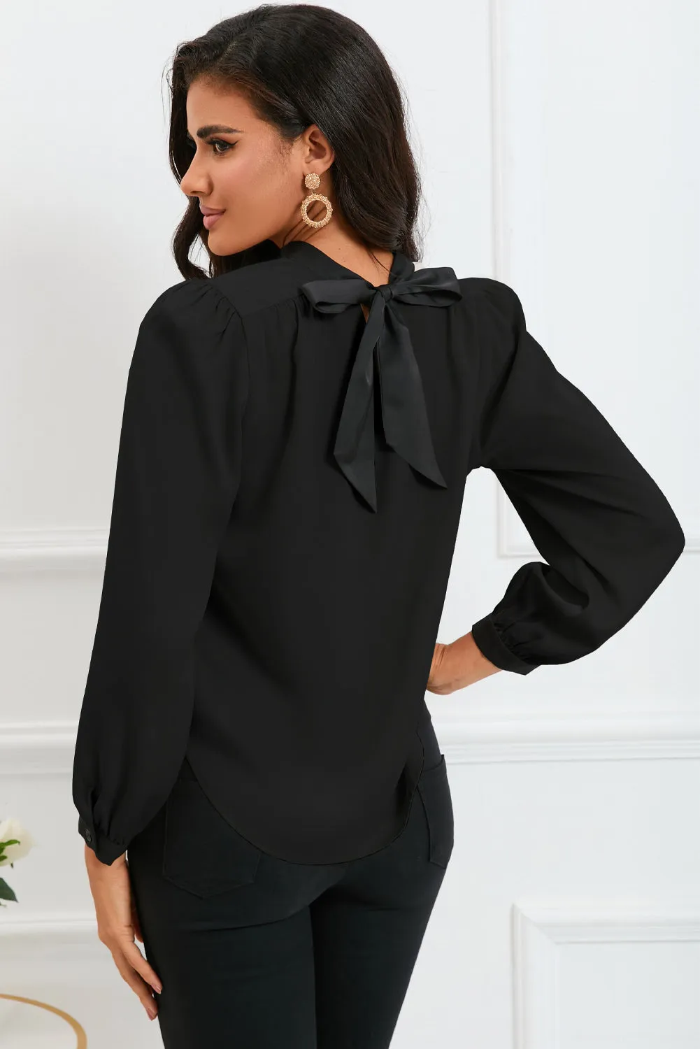 White Color Block Bow Back Mock Neck Blouse