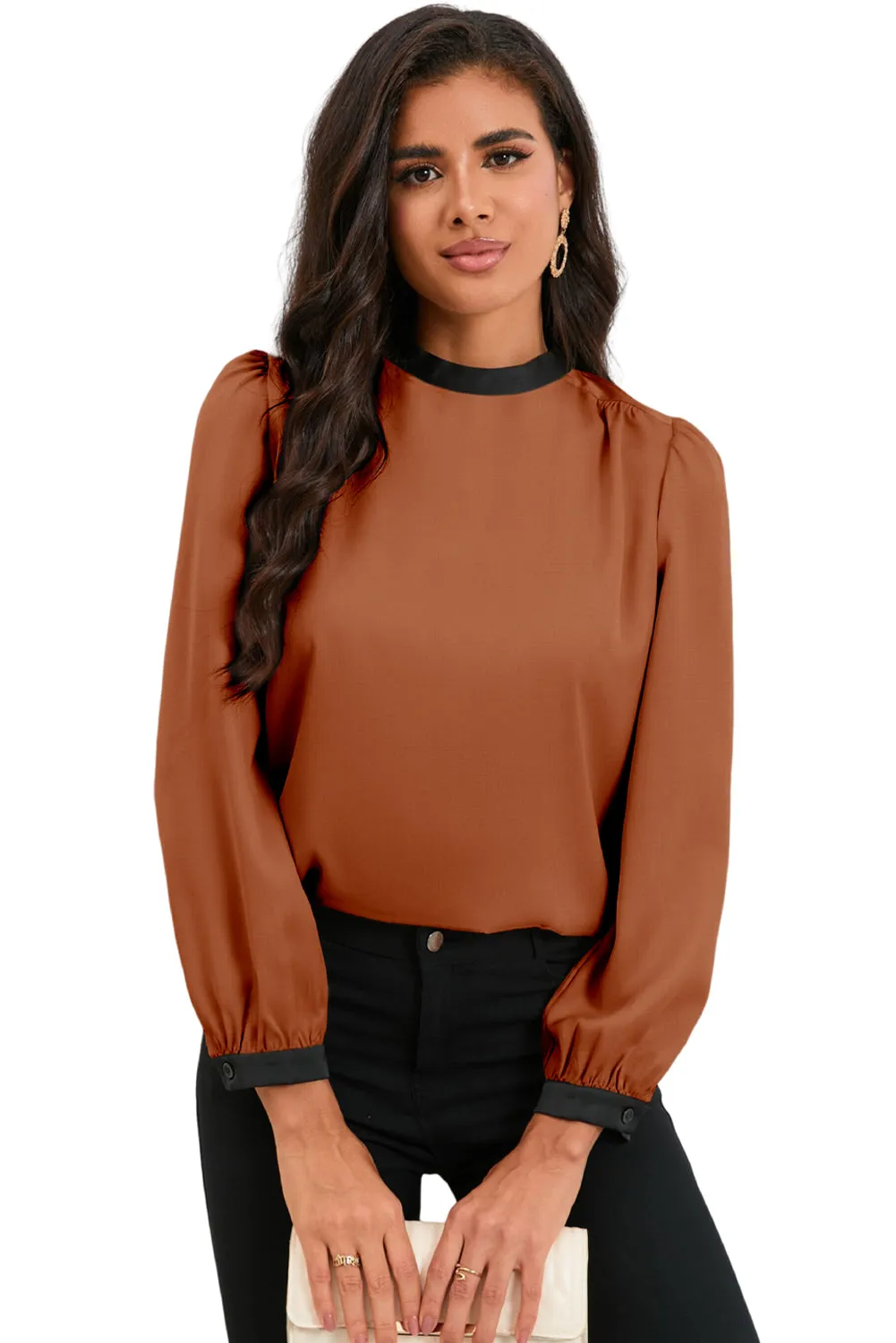 White Color Block Bow Back Mock Neck Blouse