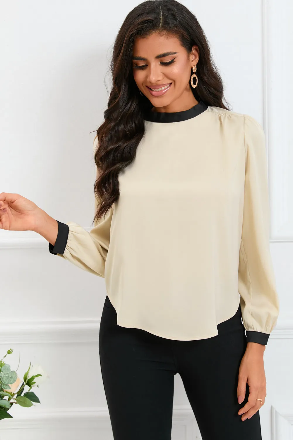 White Color Block Bow Back Mock Neck Blouse
