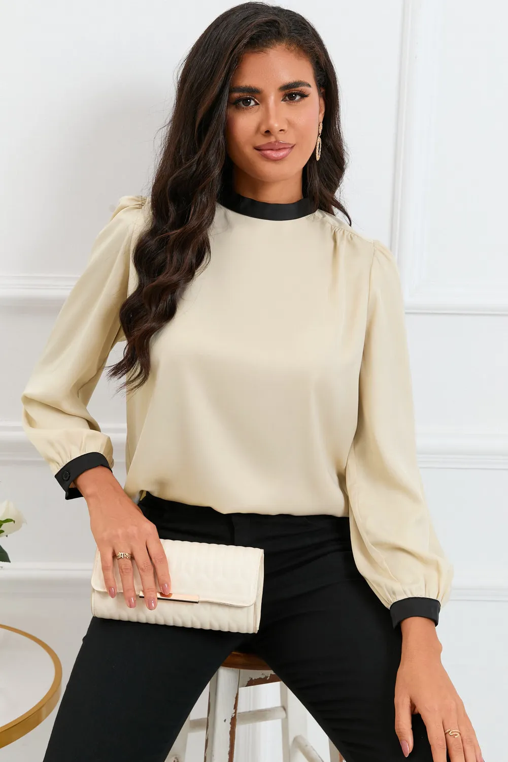 White Color Block Bow Back Mock Neck Blouse