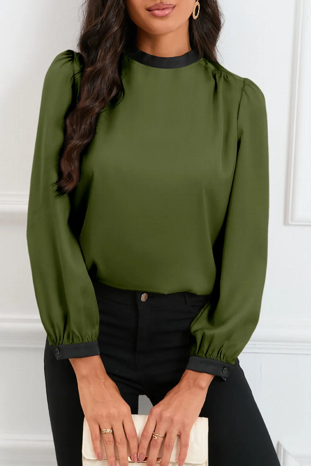 White Color Block Bow Back Mock Neck Blouse