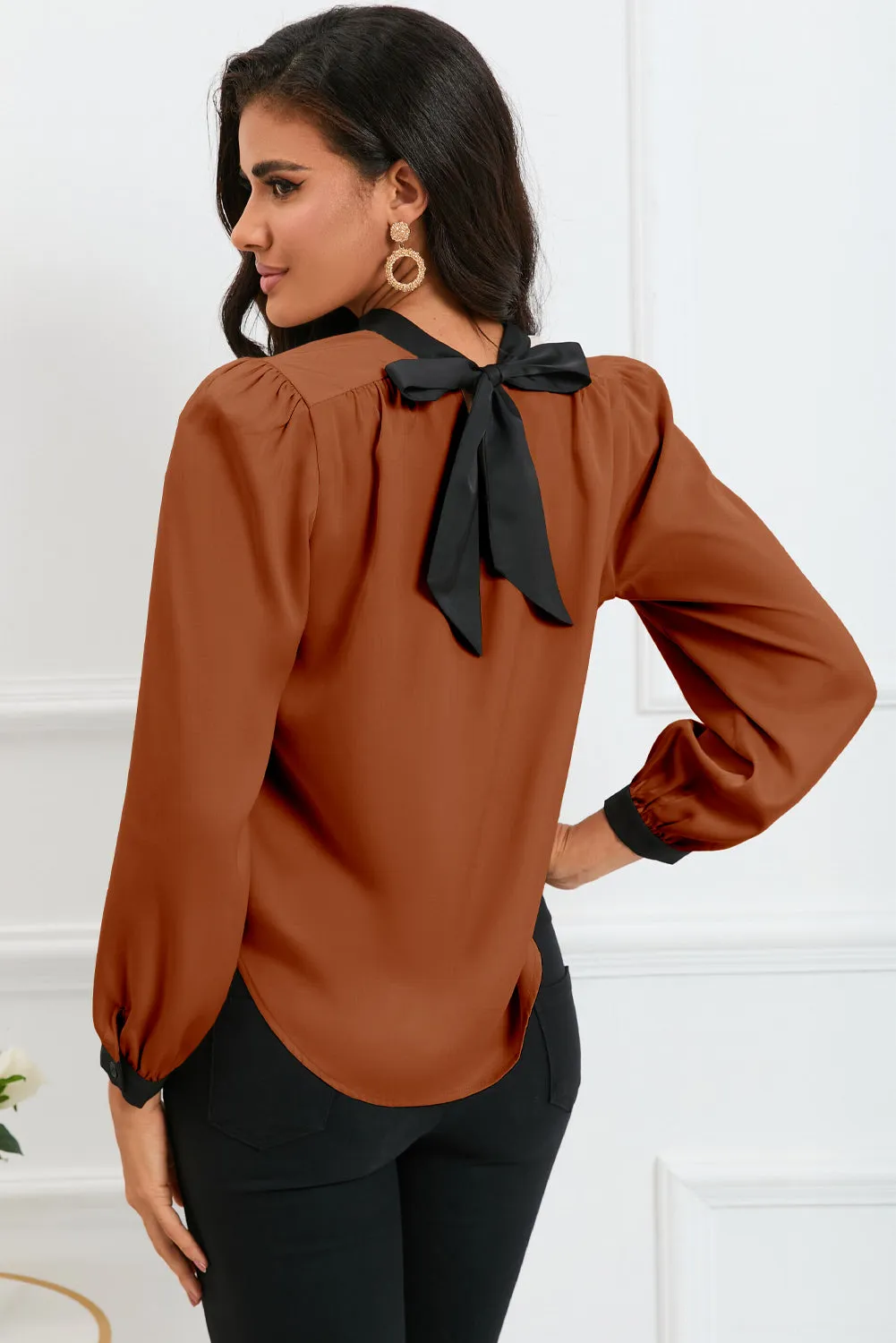 White Color Block Bow Back Mock Neck Blouse