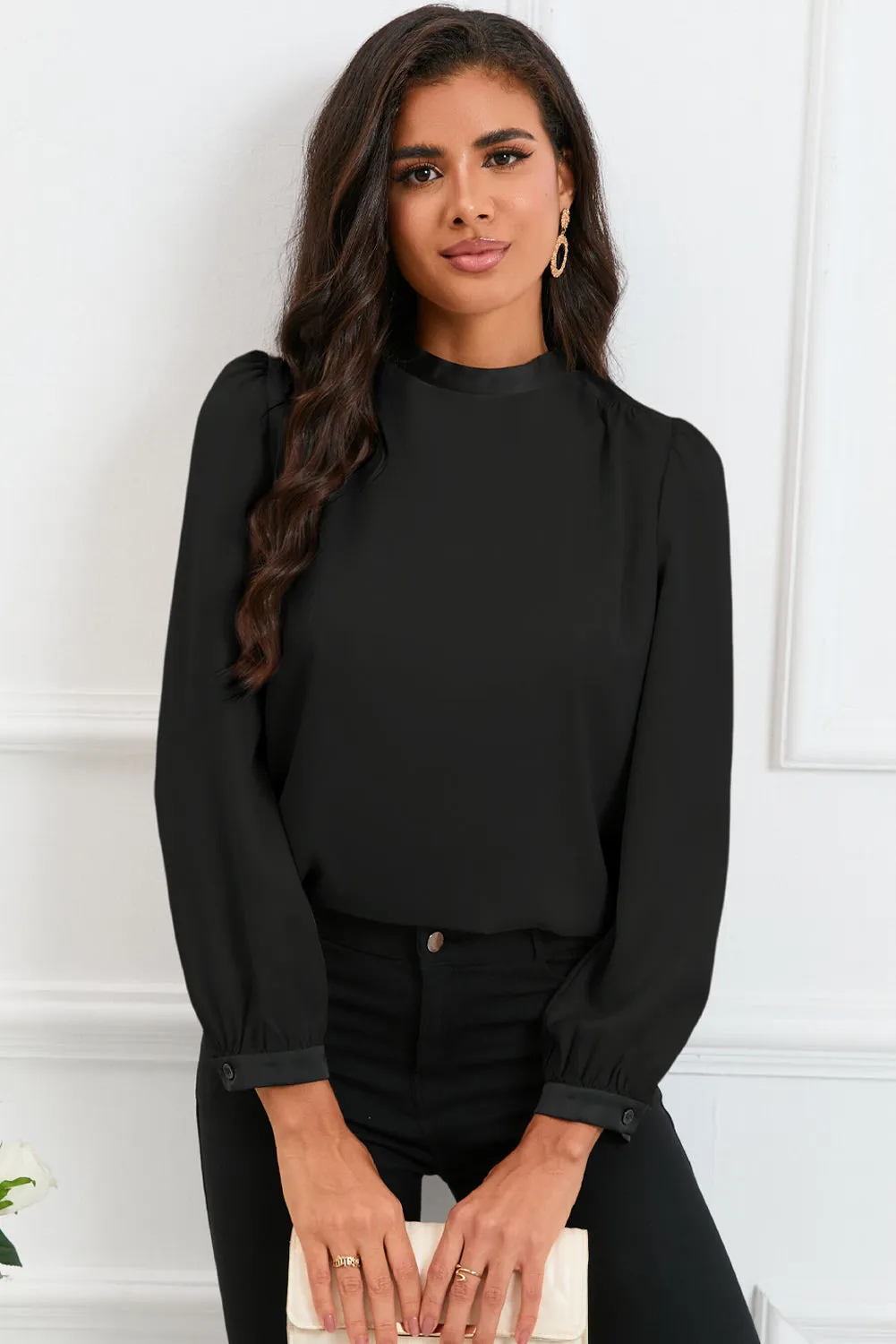 White Color Block Bow Back Mock Neck Blouse