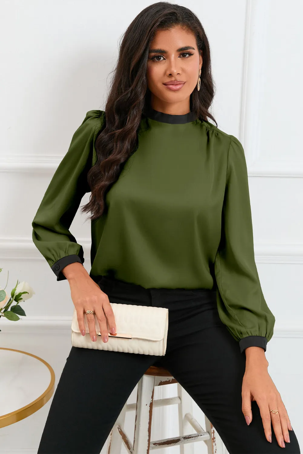 White Color Block Bow Back Mock Neck Blouse