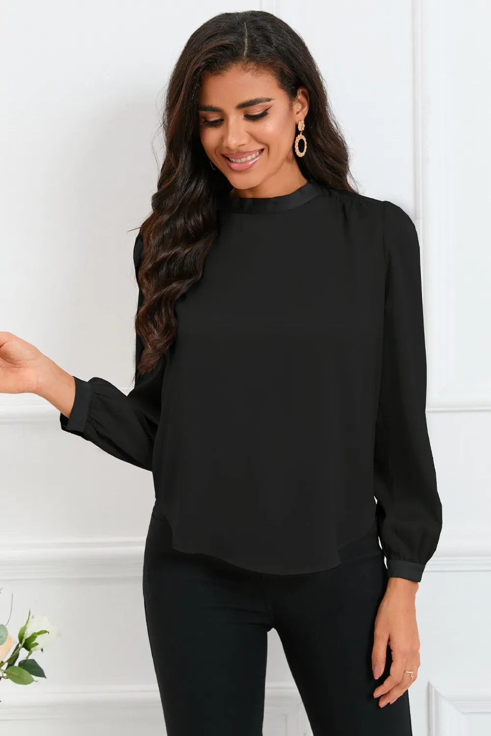 White Color Block Bow Back Mock Neck Blouse