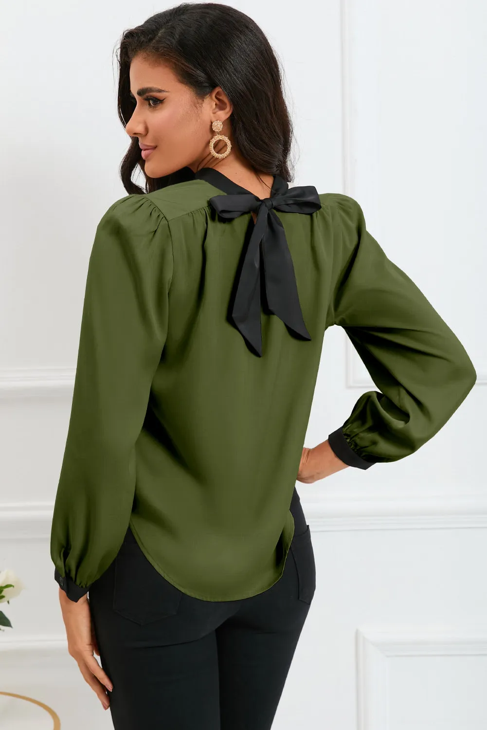White Color Block Bow Back Mock Neck Blouse
