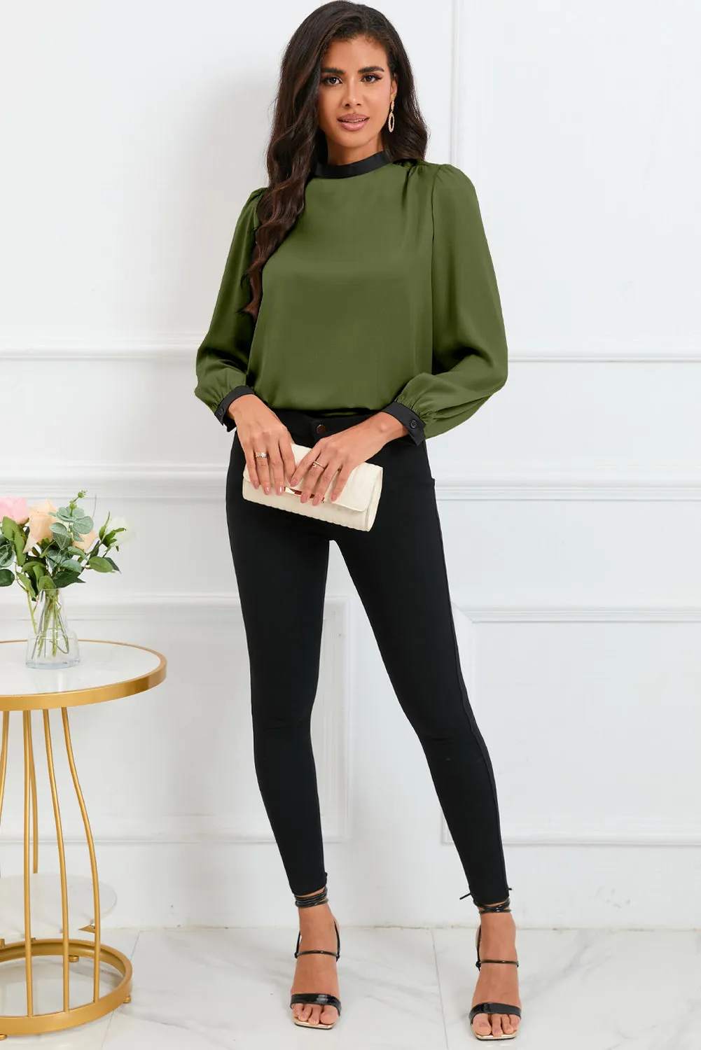 White Color Block Bow Back Mock Neck Blouse