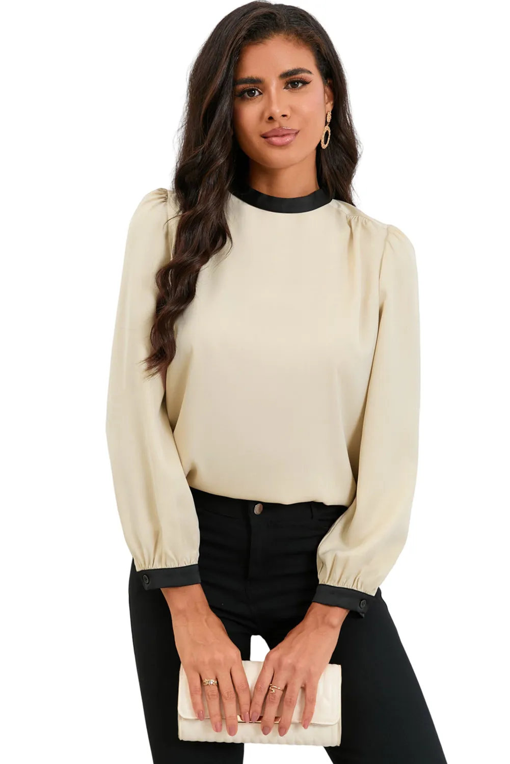 White Color Block Bow Back Mock Neck Blouse