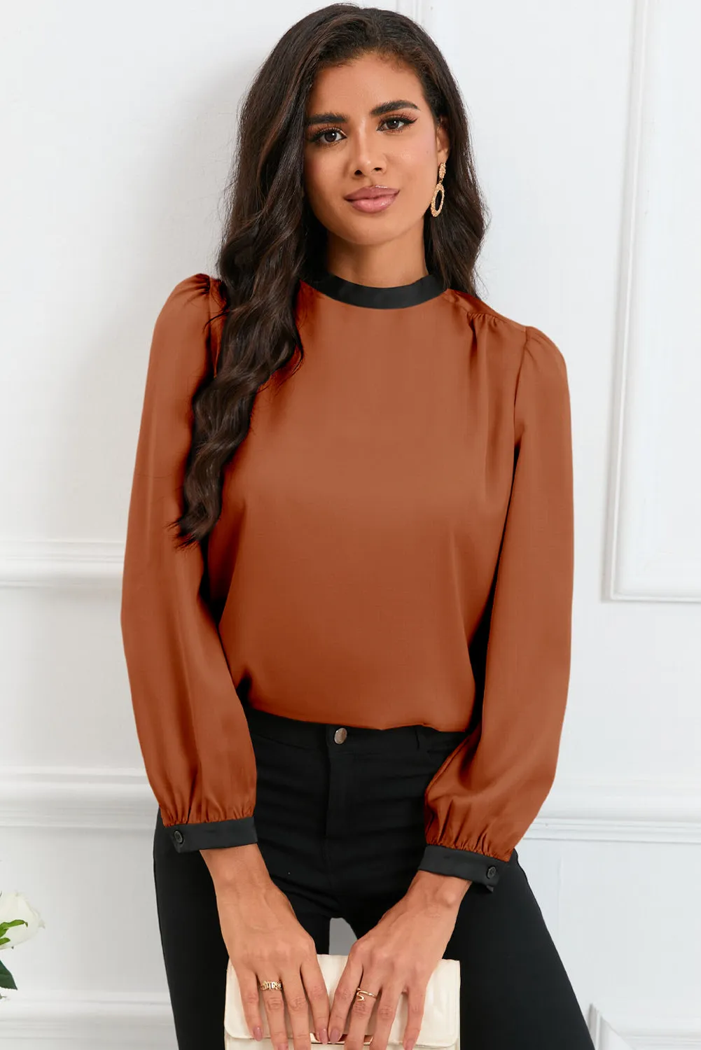 White Color Block Bow Back Mock Neck Blouse