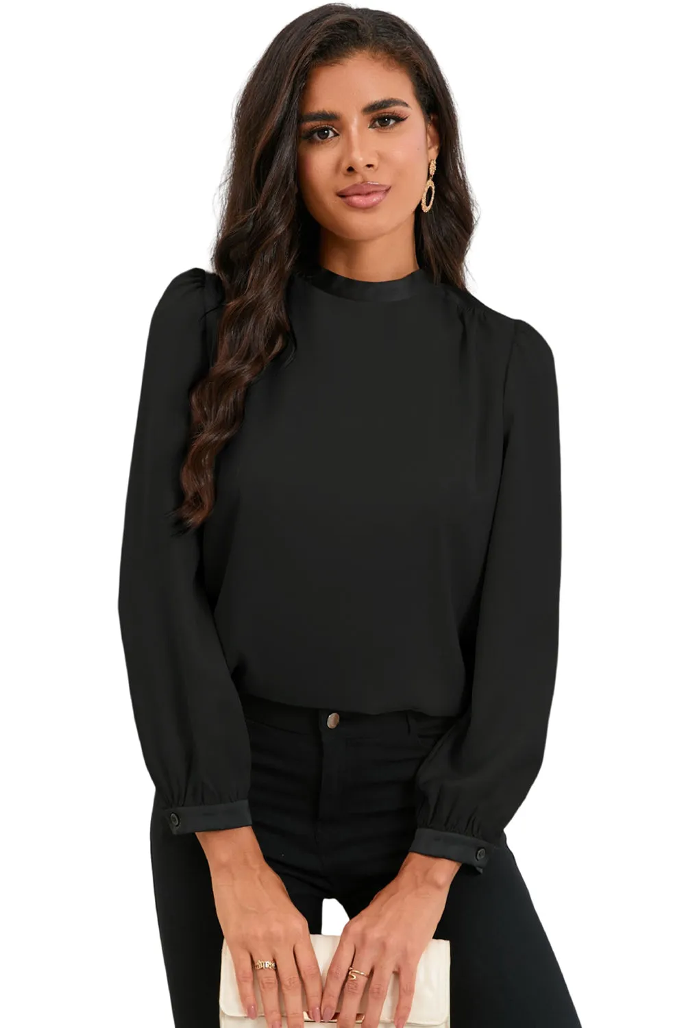 White Color Block Bow Back Mock Neck Blouse