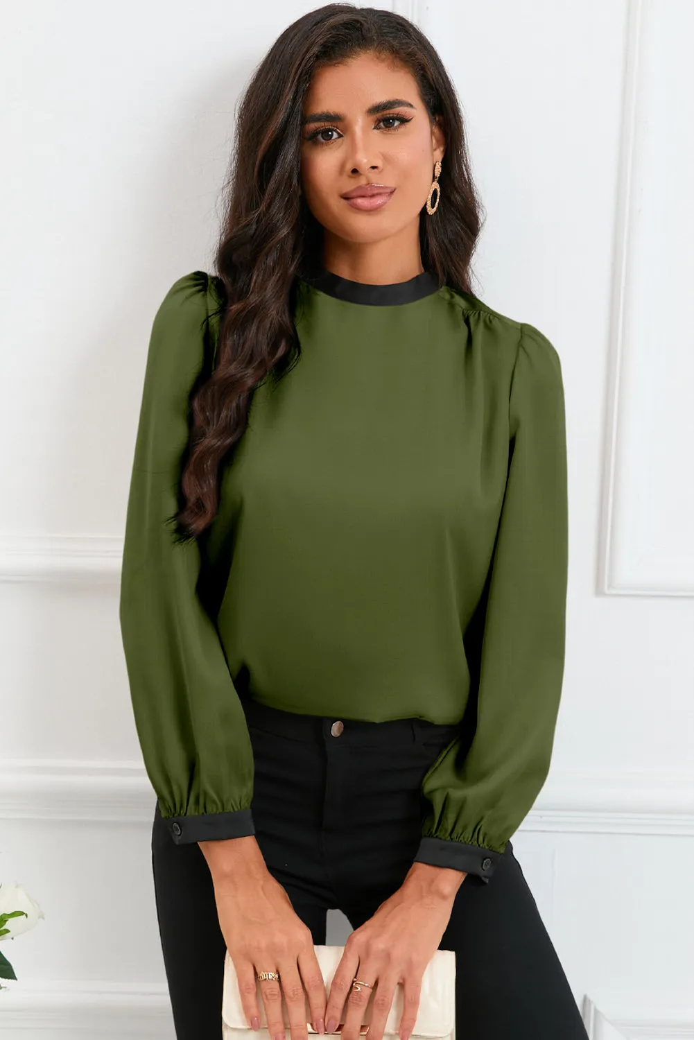 White Color Block Bow Back Mock Neck Blouse