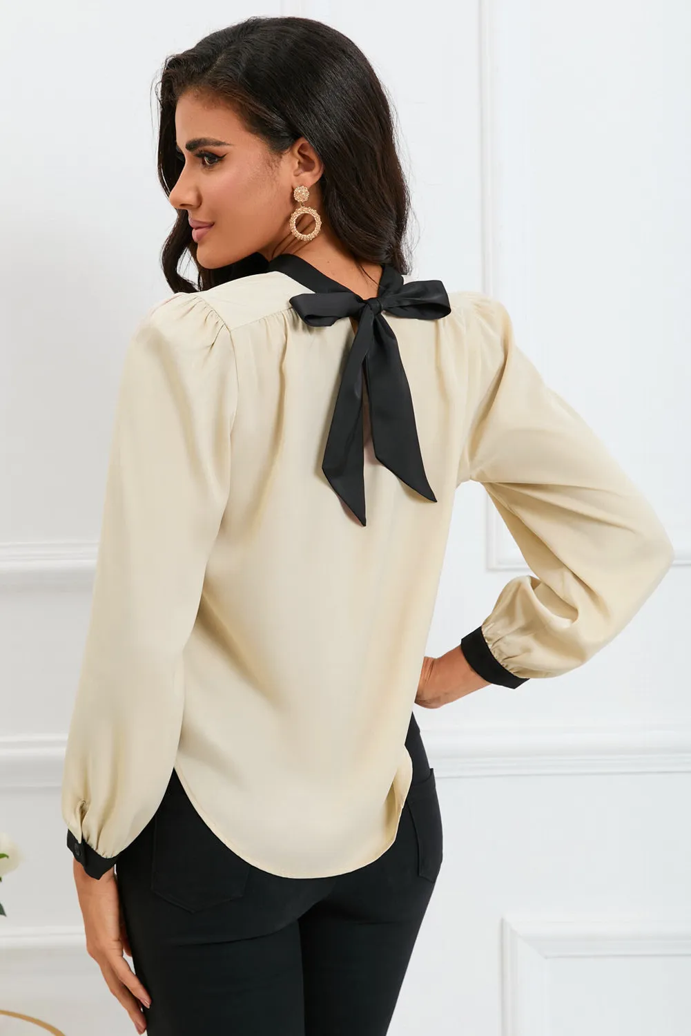 White Color Block Bow Back Mock Neck Blouse