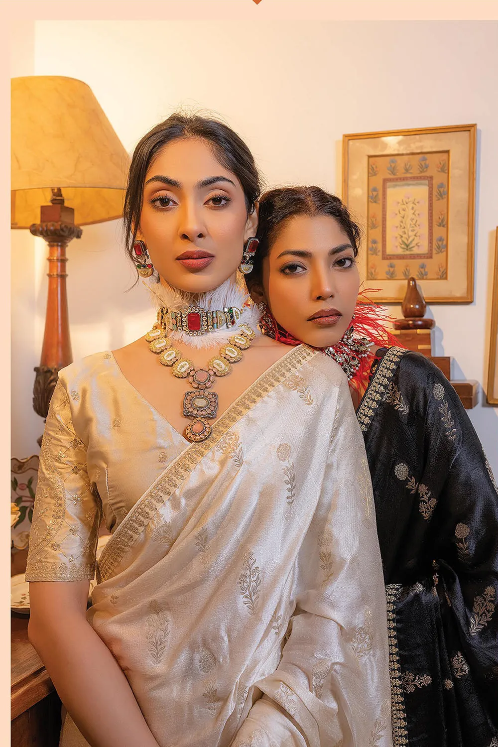 White Colour Satin Saree With Embroidered Blouse