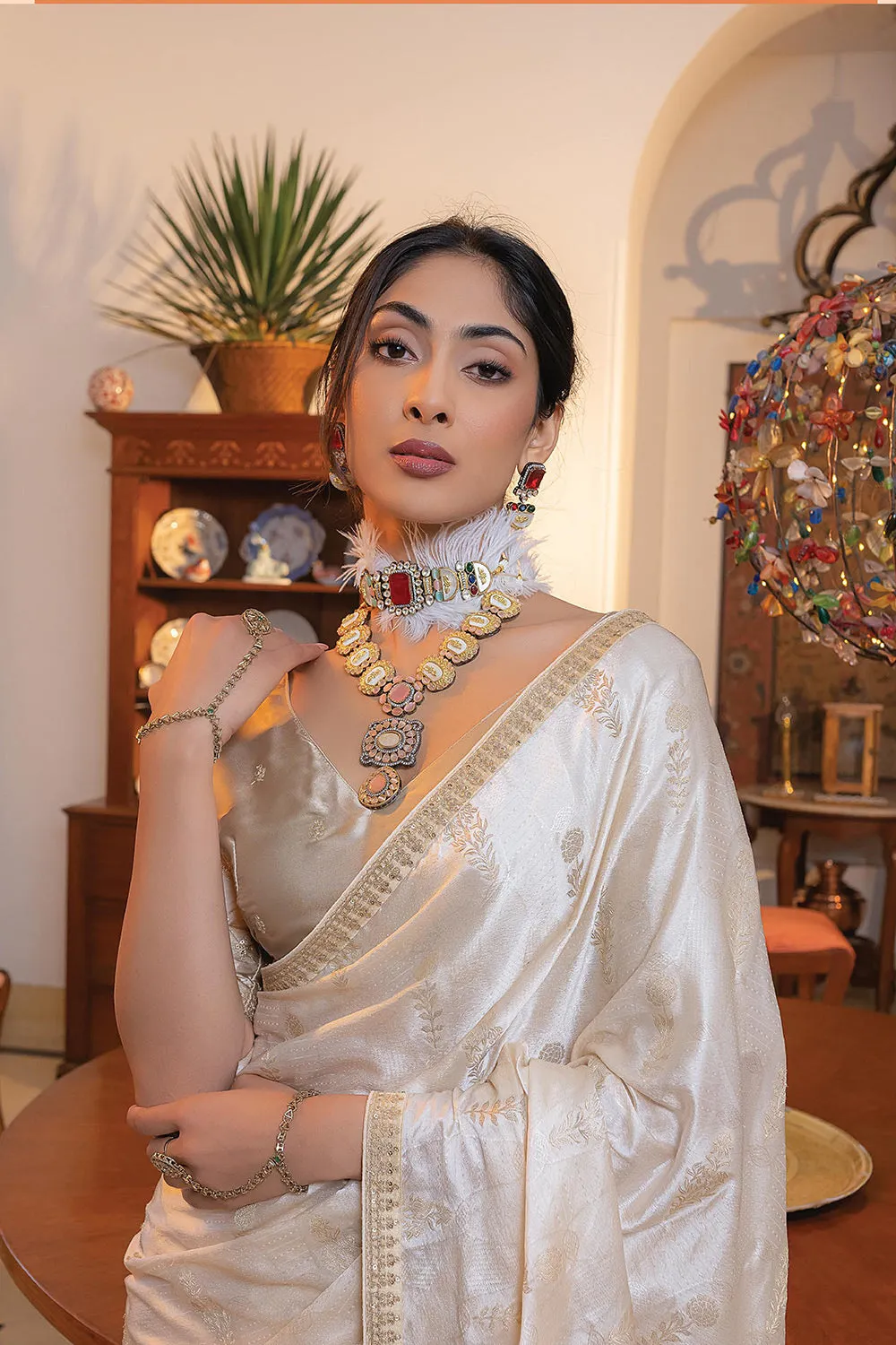 White Colour Satin Saree With Embroidered Blouse