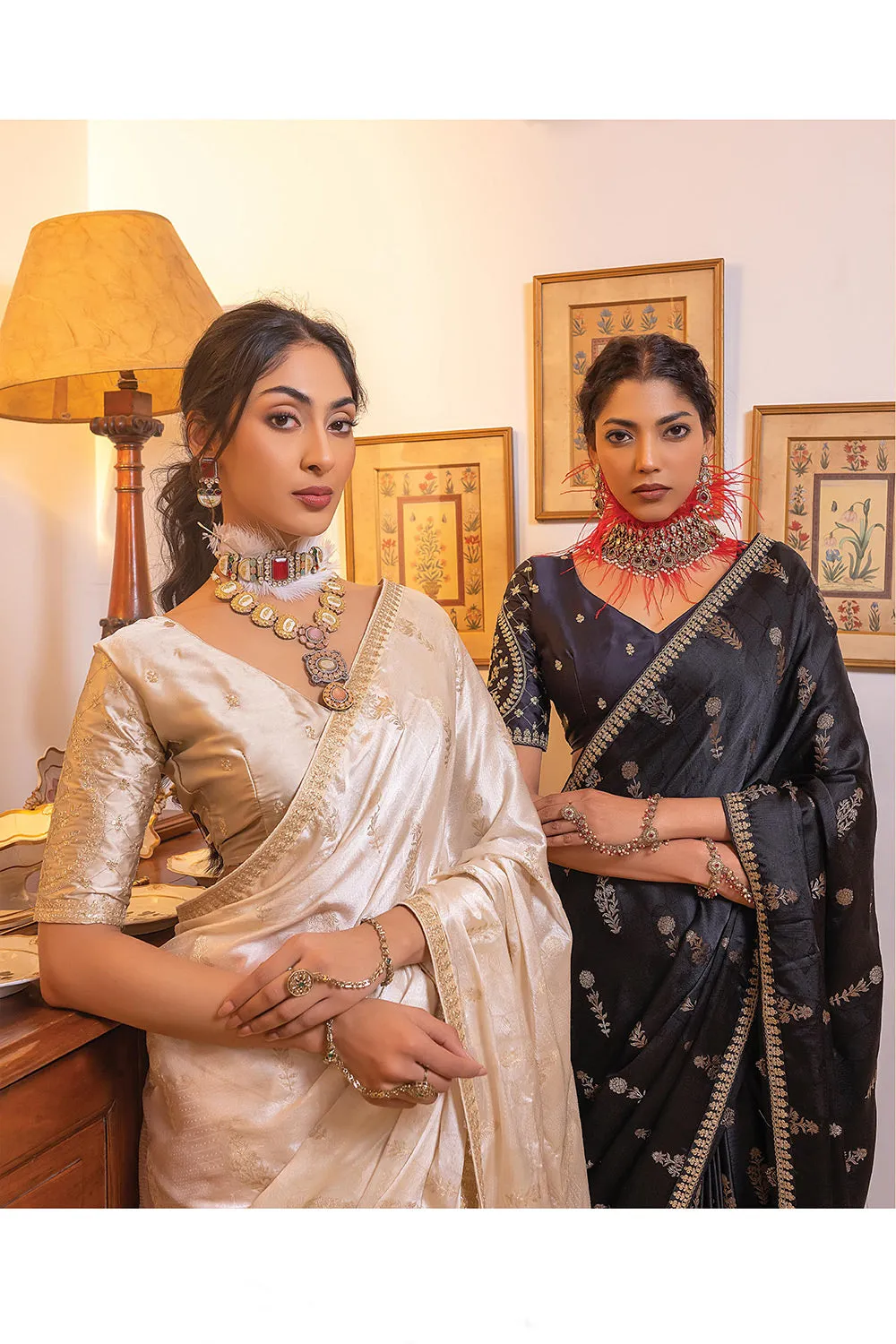 White Colour Satin Saree With Embroidered Blouse