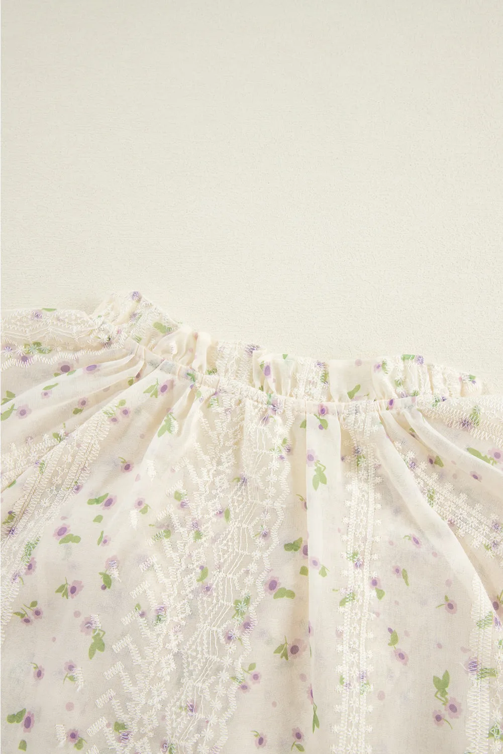 White Floral Embroidered Lace Bubble Sleeve Shirt
