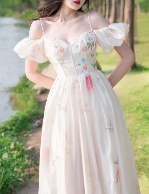 White Floral Print Off Shoulder Corset Spaghetti Strap 1950S Vintage Dress