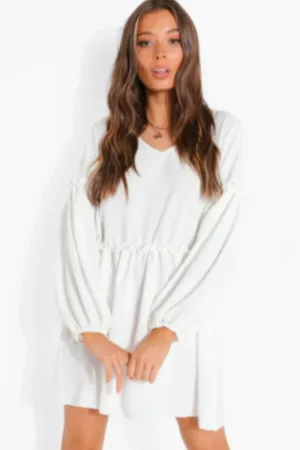 White Huff Puff Sleeved Dress