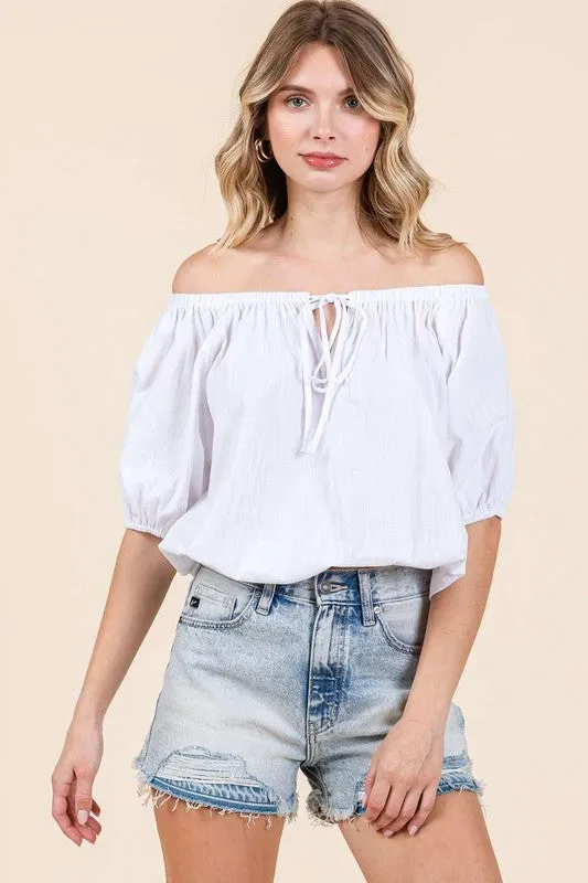 White Linen Two-Way Short Sleeve Crop Blouse