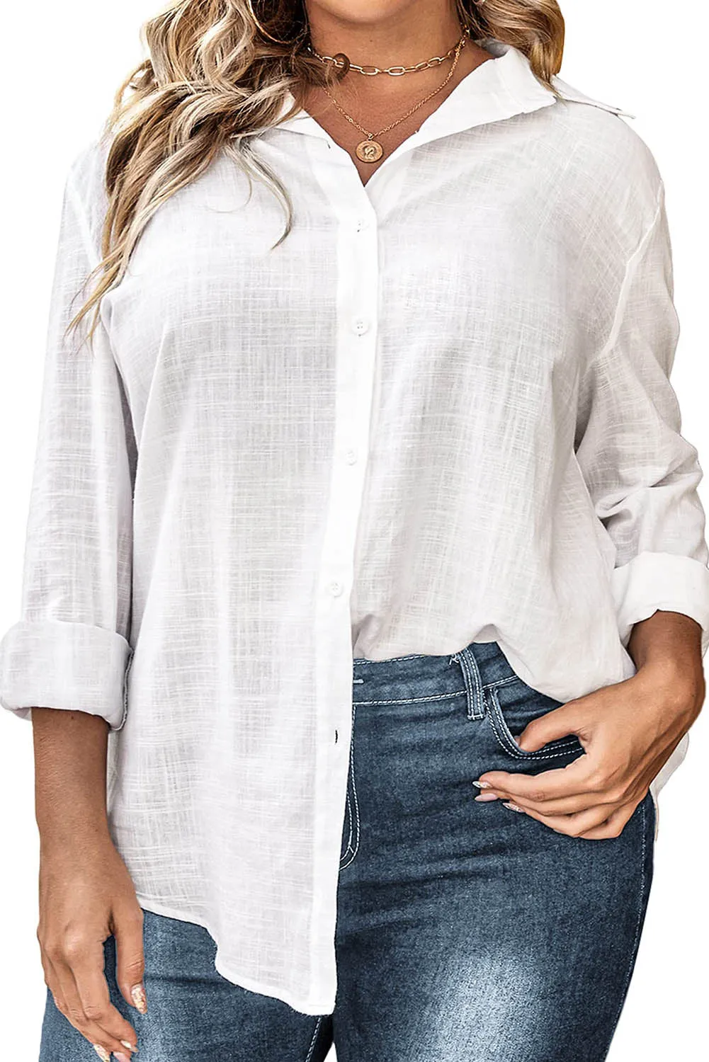 White Plus Size Linen Textured Button Up Shirt
