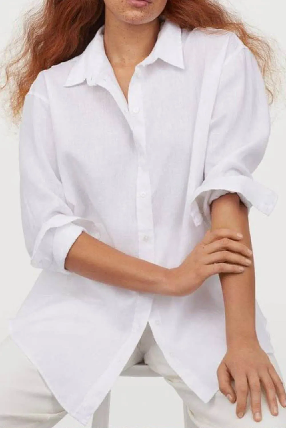White Plus Size Linen Textured Button Up Shirt