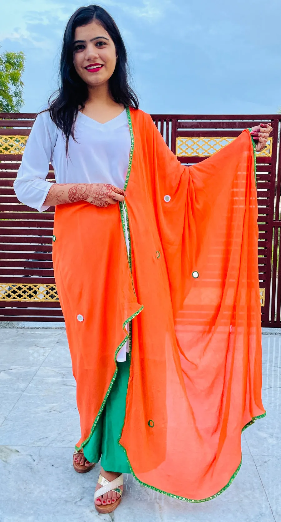 White Pure Muslin kurta. Green Palazzo, Orange Mirror Work Pure Chinon Dupatta