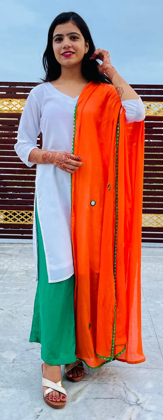 White Pure Muslin kurta. Green Palazzo, Orange Mirror Work Pure Chinon Dupatta