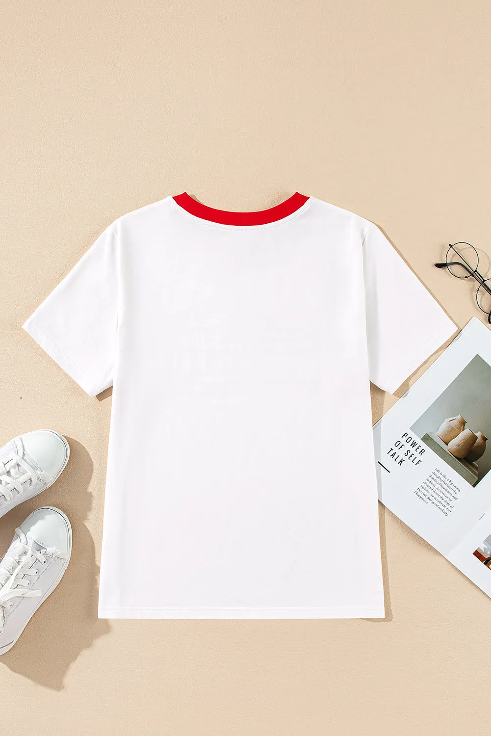 White Rainbow Stripe Print Contrast Crewneck T Shirt