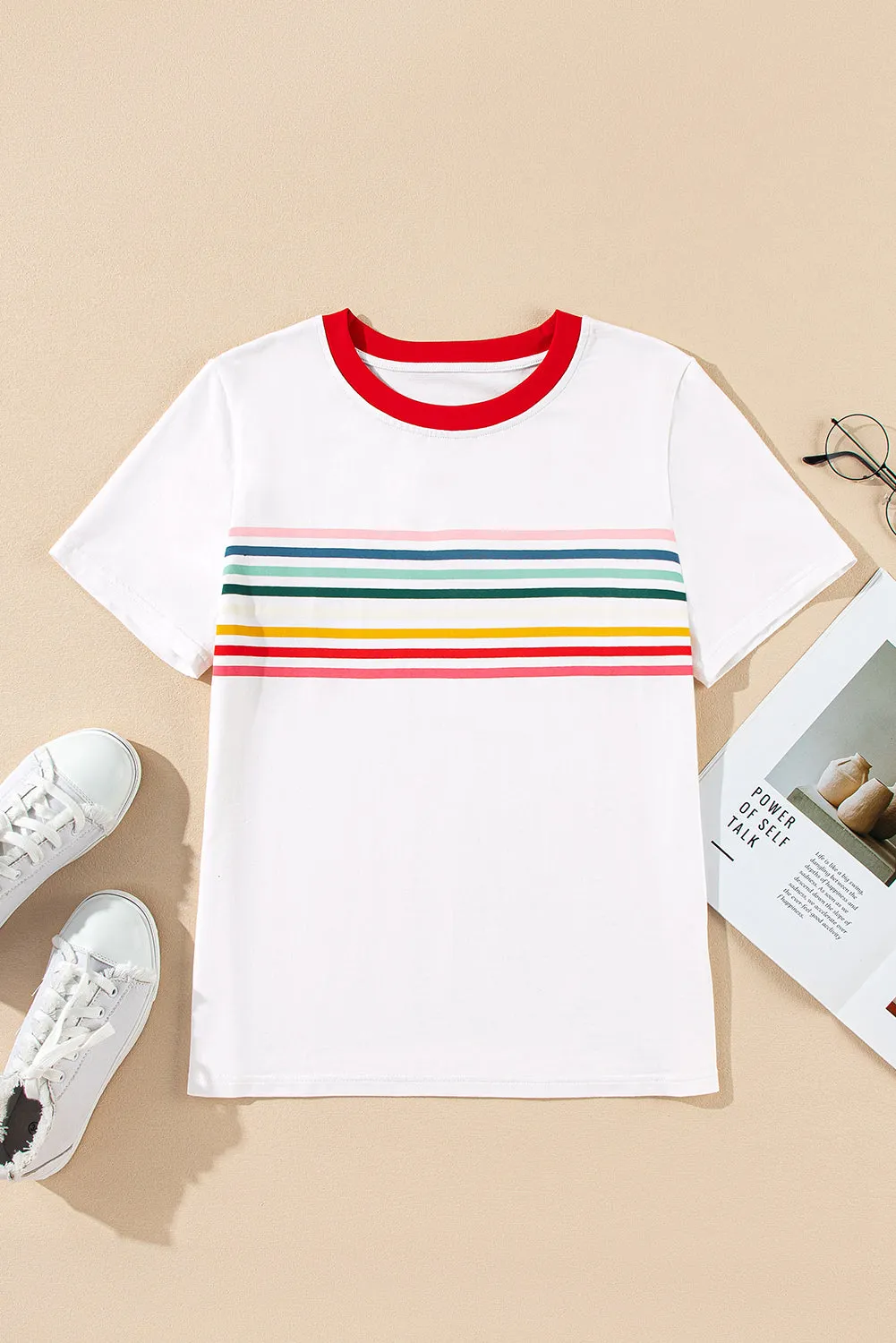 White Rainbow Stripe Print Contrast Crewneck T Shirt