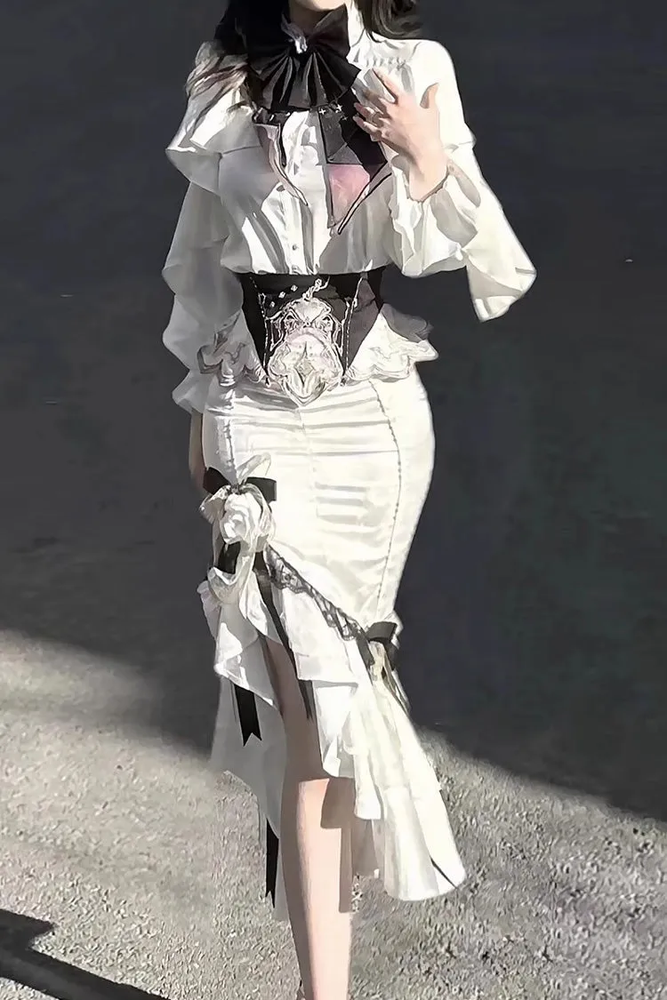White [Star Gate] Palace Style Ruffle Bowknot Gothic Lolita Fishtail Skirt 2 Versions