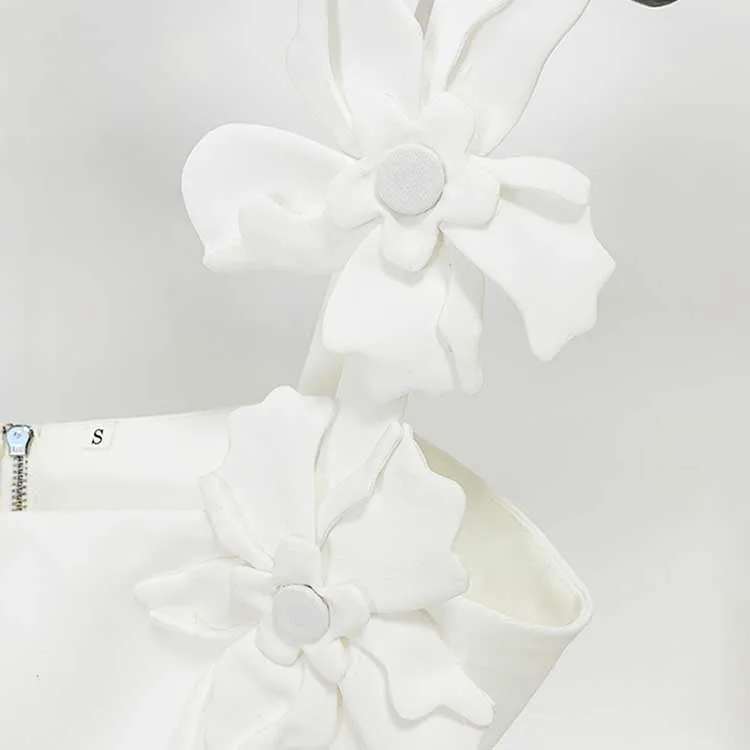 White Suit Floral Applique Crop Top and Skirt Suit