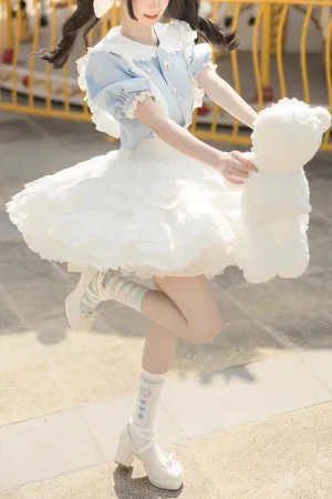 White/Blue Doll Collar Short Sleeves Multi-layer Ruffle Sweet Princess Lolita Skirt Dress Set