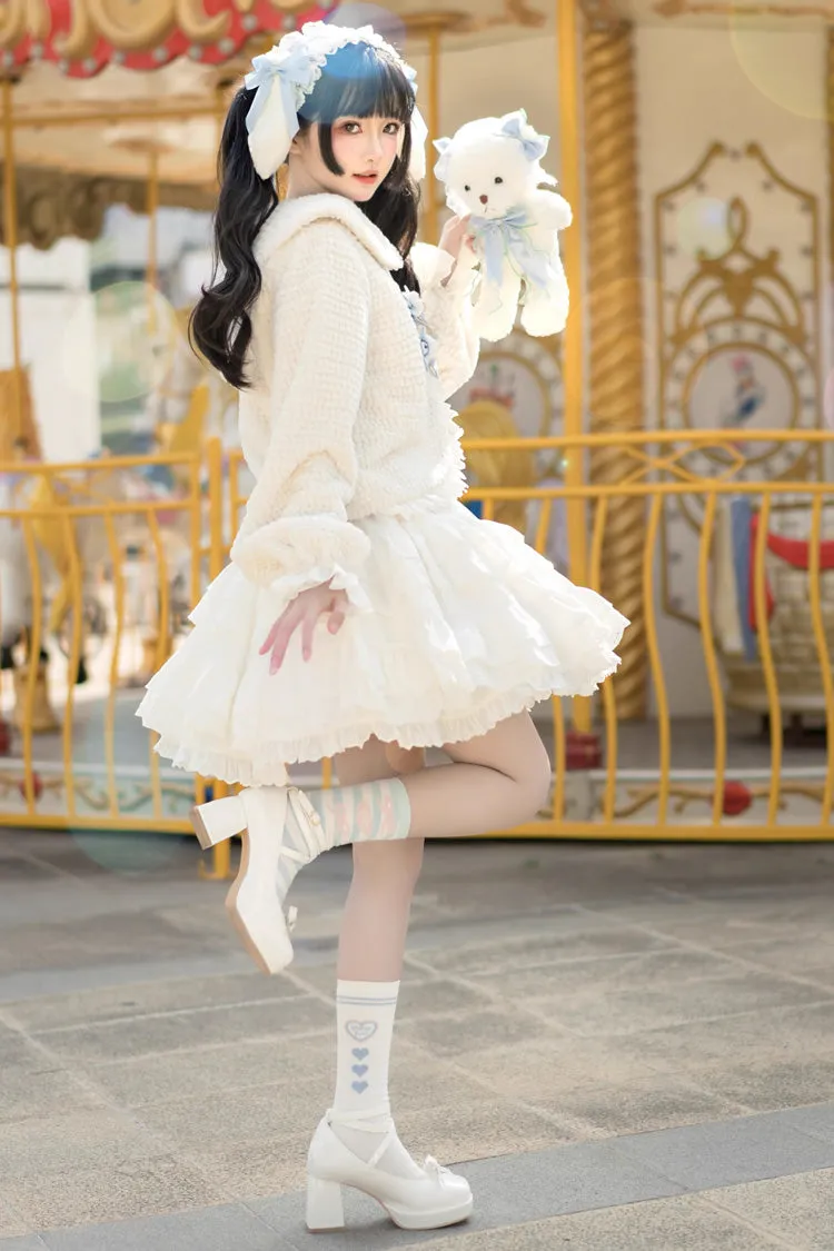 White/Blue Doll Collar Short Sleeves Multi-layer Ruffle Sweet Princess Lolita Skirt Dress Set