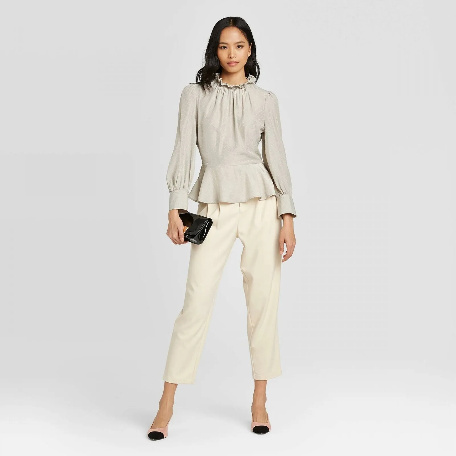 Who What Wear Women's Long Sleeve Shirred Ruffle Blouse