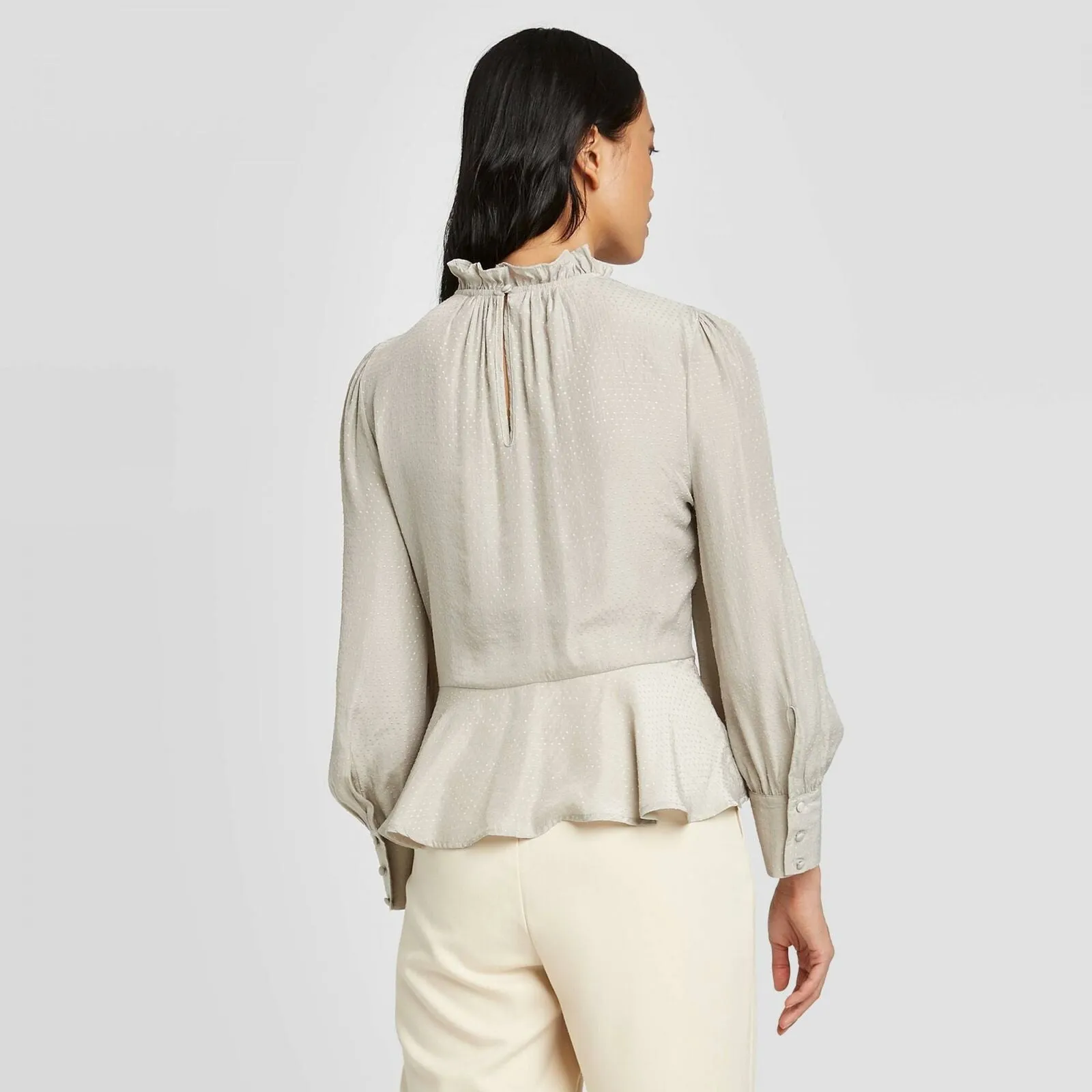 Who What Wear Women's Long Sleeve Shirred Ruffle Blouse